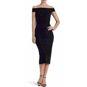 Dress the Population Black Geometric Velvet Off Shoulder Midi Dress Size XS‎